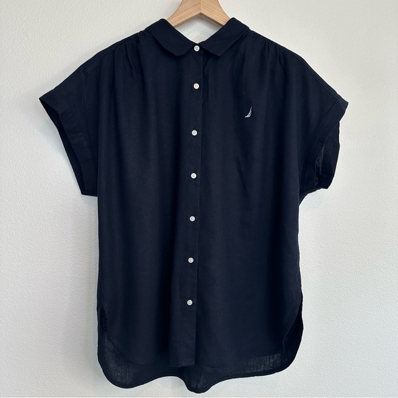 Nautica Women's Navy Linen Blend Short Sleeve Button Up Shirt Sz L - Picture 4 of 10